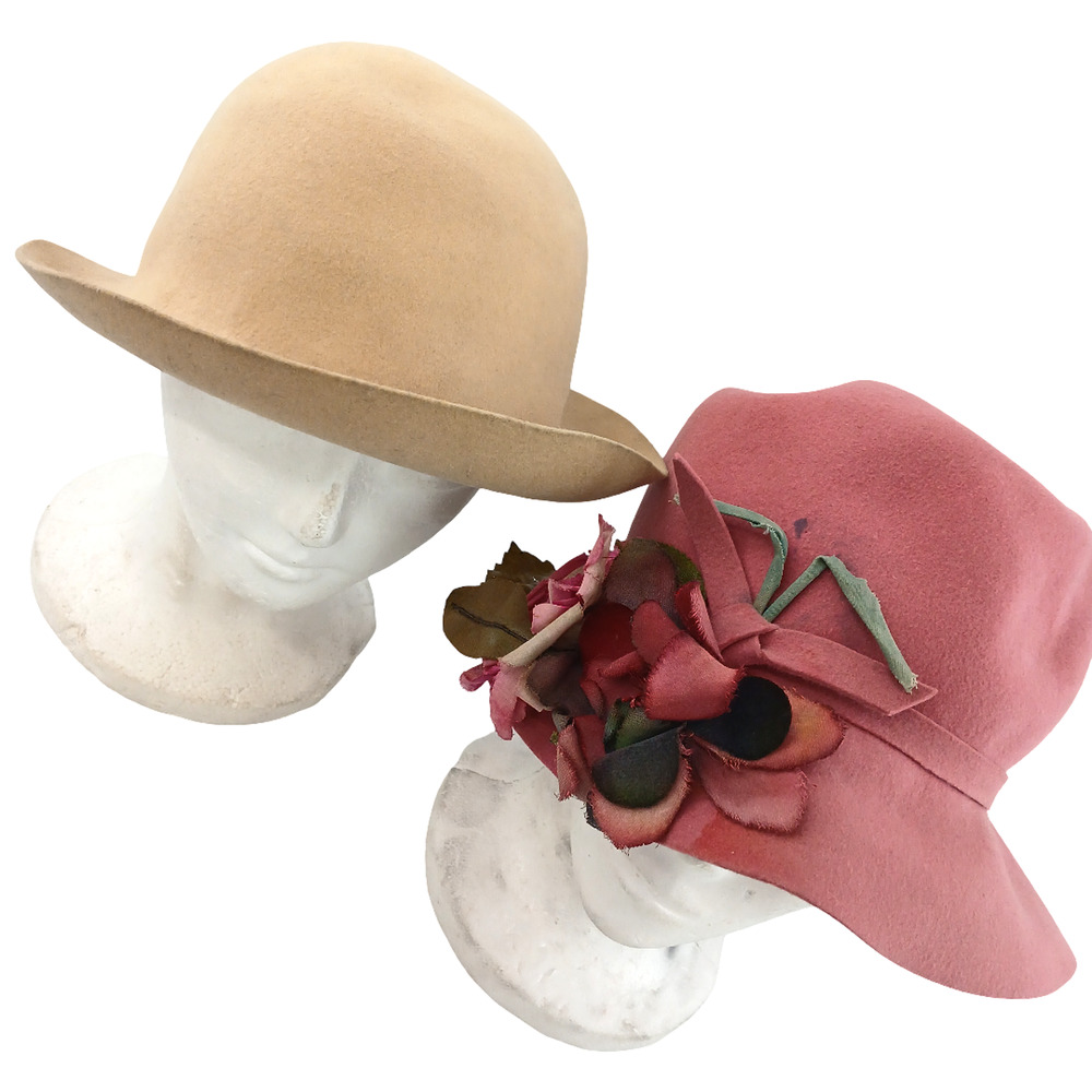 Lot of 2 VTG Tan Pink Floral Frank's Girl by Frank Olive Women’s Wool Hat